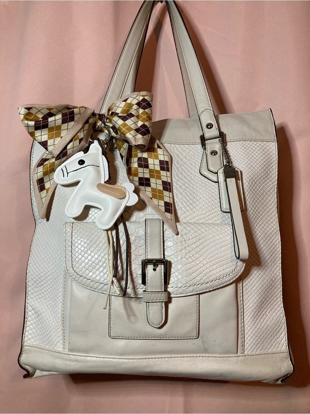Coach Cream Colored Textured Tote Bag with Gold Hardware